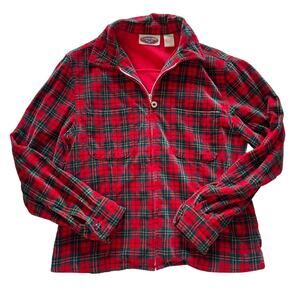 Vintage Casualaire Flannel Velvet Jacket Full Zip Plaid Red‎ Green Womens Size M